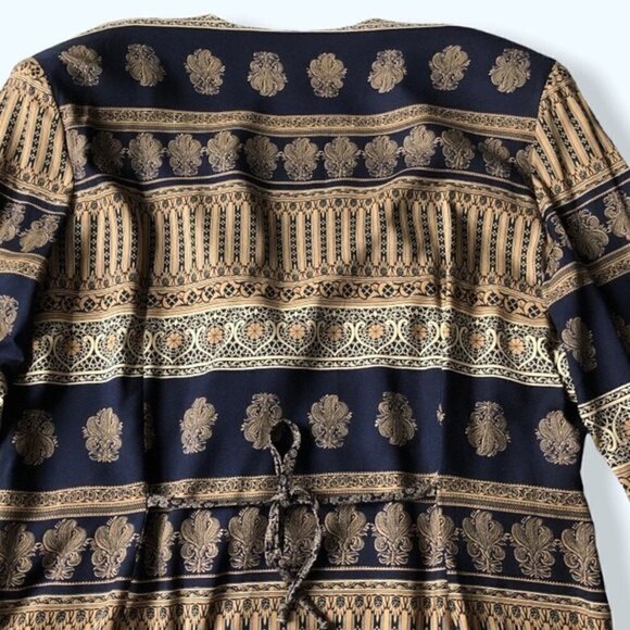 Vintage 80s Clues Collection Baroque Print Duster Robe Jacket Navy Tan XL - Picture 9 of 14